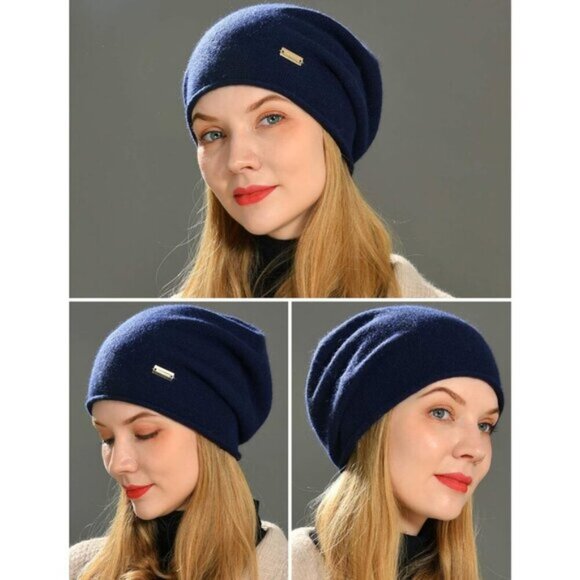 Women's Navy 50%Acrylic,30%Viscose,20%Angora jaxmonoy Slouchy Knit Beanie Hat - Picture 6 of 6